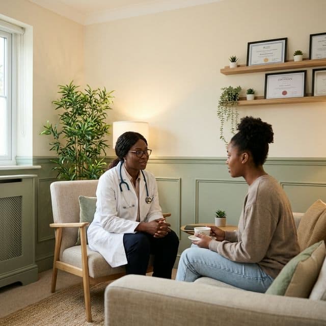 Clean professional image of modern gynecology exam room in Nigerian clinic