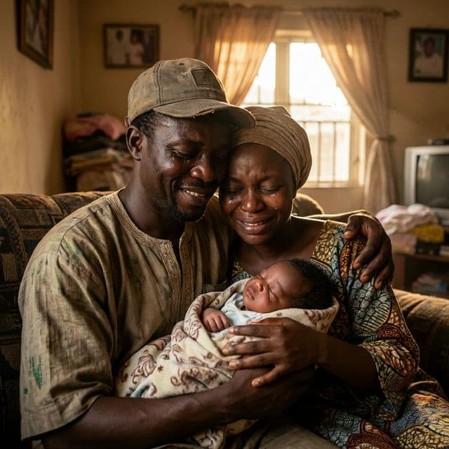 A warm hug between an African couple and their newborn baby