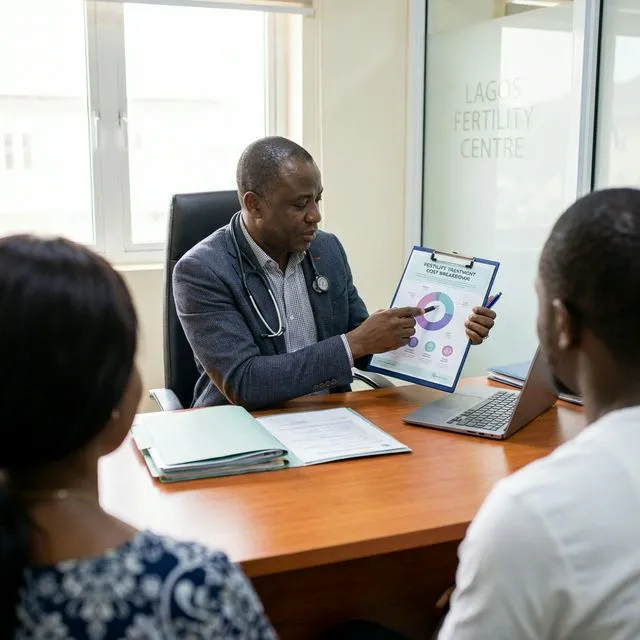 Financial clarity and transparent planning are central to a stress-free IVF cycle. Doctor explaining cost breakdown to a couple