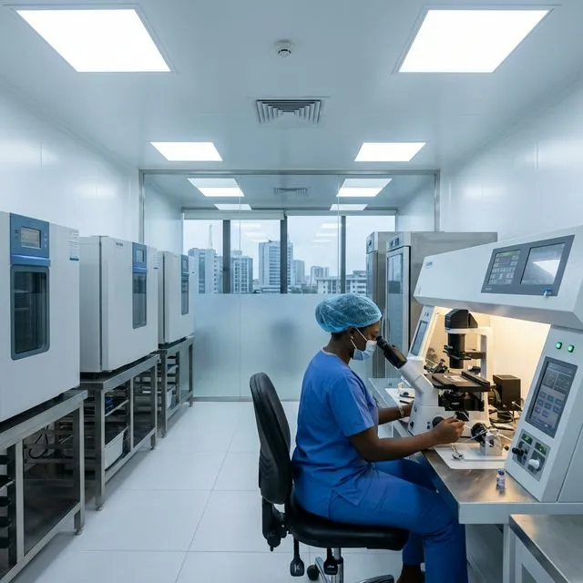 Advanced embryology labs utilize premium technology to safely culture healthy embryos. Embryologist working in a sterile IVF laboratory