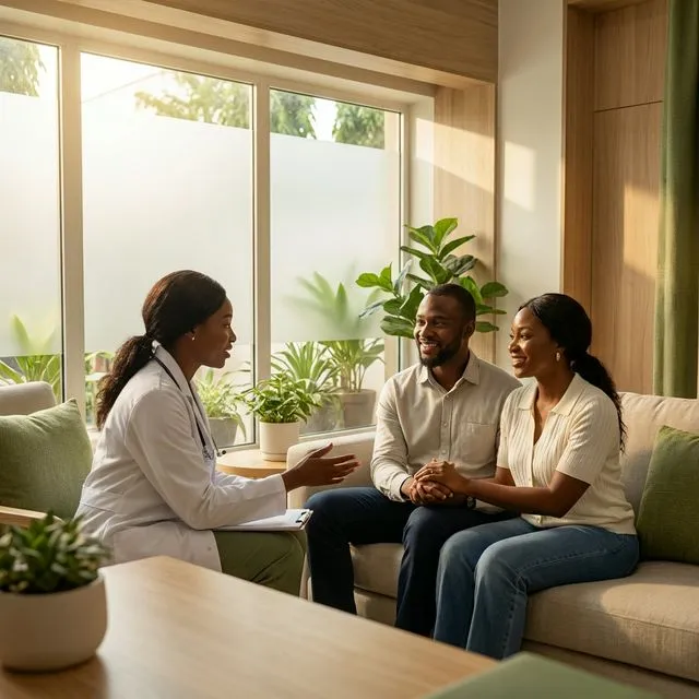 Initial consultation in a premium clinic in Abuja Wide cinematic hero photo in a modern fertility clinic consultation room in Abuja