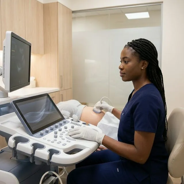 Routine ultrasounds cleanly evaluate the uterus and ovaries for abnormalities. Technician performing an ultrasound scan